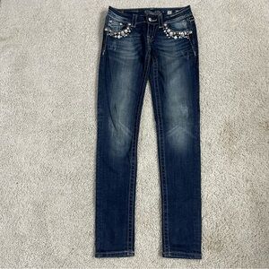 MISS ME Low Rise JEWELED Flap Pocket DISTRESSED Stretch SKINNY Denim BLUE JEANS